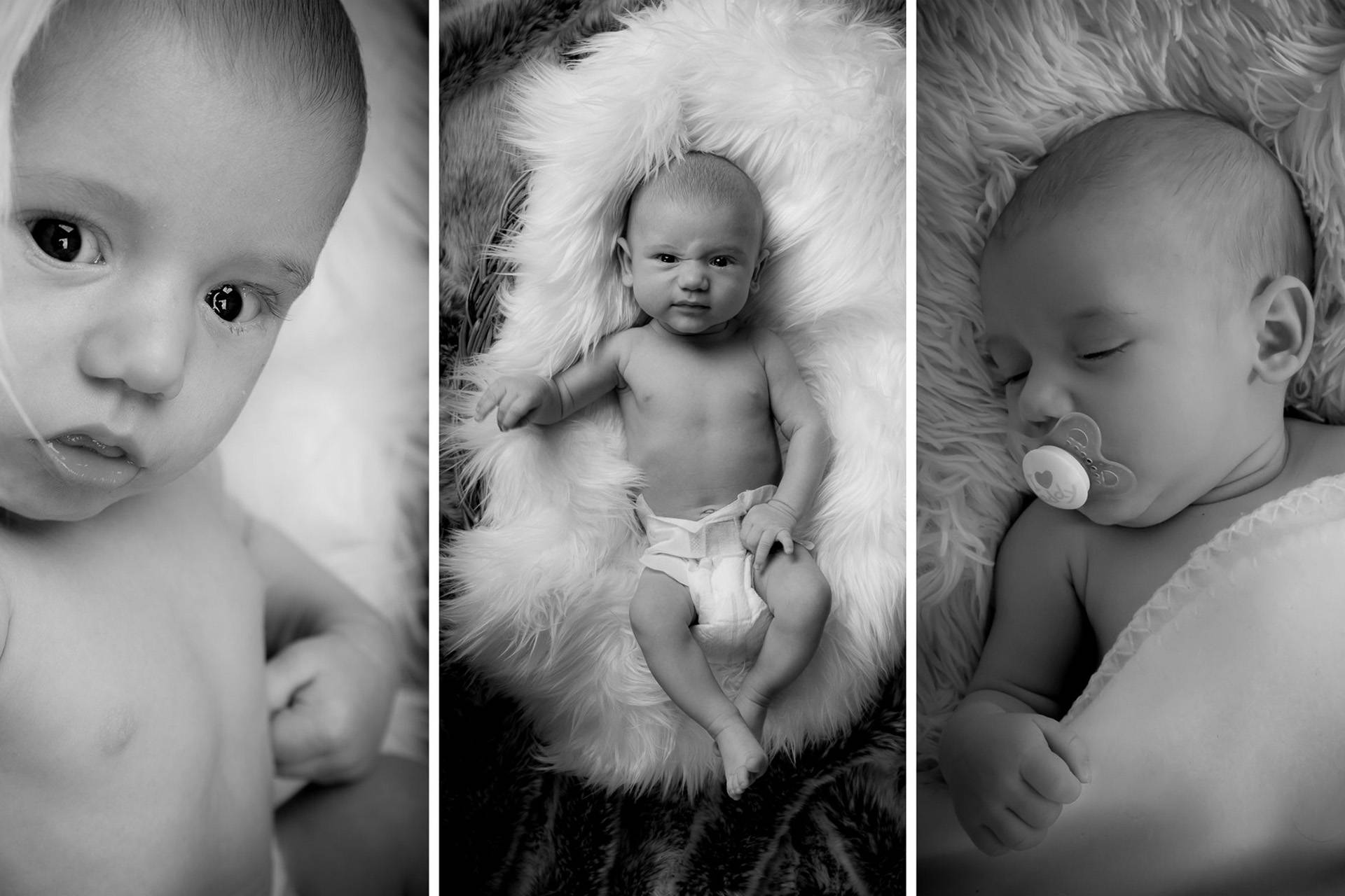 Drei Schwarzweißaufnahmen eines Babys: Nahaufnahme, liegend und schlafend.